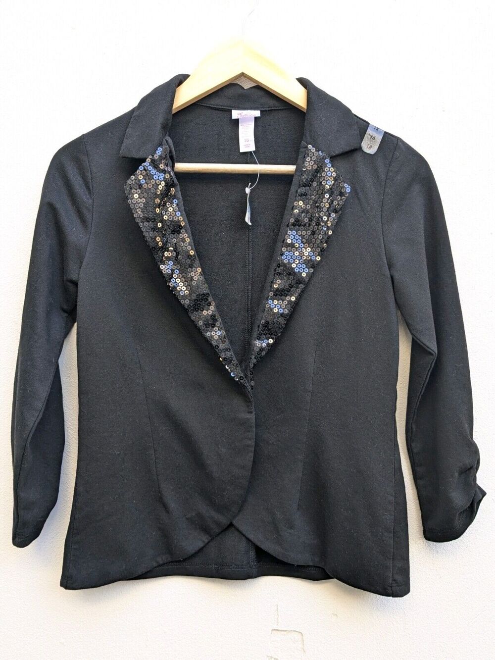 Justice Girls Black Sequin Blazer Jacket 3/4 Sleeve Wrinkled Size 18 NWT